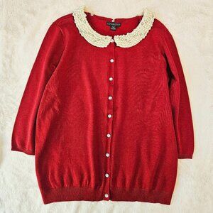 Covington Women's Red Cardigan Sweater 3/4 Sleeve Pearl Collar Removeable Sz XL